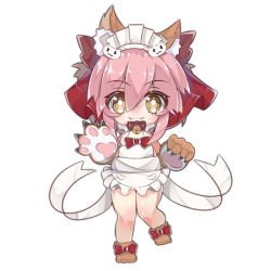 Rule 34 | 1girl, animal ear fluff, animal ears, animal hands, apron, bad id, bad pixiv id, bell, blush, bow, brown eyes, cer (cerber), chibi, closed mouth, fangs, fangs out, fate/grand order, fate (series), fox ears, frilled apron, frills, full body, gloves, hair between eyes, hair bow, hands up, jingle bell, lowres, maid apron, maid headdress, paw gloves, paw shoes, pink hair, red bow, shoes, simple background, smile, solo, standing, standing on one leg, tamamo (fate), tamamo cat (fate), tamamo cat (third ascension) (fate), white apron, white background