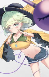 1girl absurdres adapted_costume ahoge alternate_costume bare_legs black_hat blush breasts cleavage collarbone commentary cropped_shirt denim denim_shorts fingers_to_cheeks green_eyes green_hair green_sailor_collar hat highres komeiji_koishi looking_at_viewer medium_breasts navel open_clothes open_shorts sailor_collar saniraku shirt short_hair short_shorts shorts simple_background solo stomach sun_hat third_eye tied_shirt touhou wide_sleeves yellow_shirt