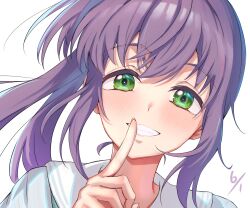 Rule 34 | 1girl, blush, commentary request, dated, dress, finger to mouth, green eyes, hasu no sora school uniform, highres, ixianim, link! like! love live!, long hair, looking at viewer, love live!, otomune kozue, portrait, purple hair, sailor collar, school uniform, shushing, side ponytail, solo, summer uniform, upper body, virtual youtuber, white background, white dress, white sailor collar