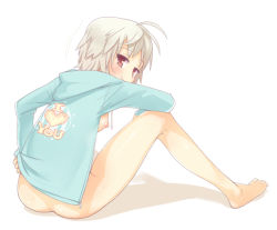 Rule 34 | 1girl, ass, barefoot, blush, bottomless, breasts, chaudlapin, from behind, hood, hoodie, looking at viewer, naked hoodie, nipples, no bra, original, red eyes, short hair, silver hair, simple background, sitting, smile, solo, white background