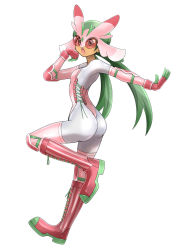 Rule 34 | 1girl, absurdres, alternate costume, arm up, ass, blush, bodystocking, boots, breasts, chestnut mouth, cosplay, creatures (company), cross-laced footwear, dark-skinned female, dark skin, female focus, from side, full body, game freak, gen 7 pokemon, gloves, green eyes, green hair, hand up, highres, knee boots, knee pads, leg up, leotard, long hair, looking at viewer, lurantis, lurantis (cosplay), mallow (pokemon), mask, matching hair/eyes, nintendo, open mouth, outstretched arm, pink footwear, pink gloves, pink leotard, pink thighhighs, pokemon, pokemon sm, shiny clothes, shoukin500, simple background, small breasts, solo, standing, standing on one leg, strapless, strapless leotard, striped clothes, striped footwear, teeth, thighhighs, thong leotard, twintails, vambraces, white background