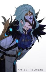 Rule 34 | 1boy, absurdres, armor, artist name, ascot, black choker, black pants, blue ascot, blue gemstone, blue hair, blue shirt, choker, coat, collared shirt, commentary, dottore (genshin impact), earrings, english commentary, english text, eye mask, fur-trimmed hood, fur trim, gem, genshin impact, gradient background, grey background, grey coat, highres, hood, illa ohara, jewelry, long sleeves, mask, open mouth, pants, scar, scar on face, sharp teeth, shirt, short hair, sidelocks, single earring, smile, solo, sparkle, standing, teeth, white background