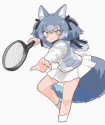 Rule 34 | animal ear fluff, animal ears, dire wolf (kemono friends), gloves, kemono friends, kemono friends v project, necktie, shirt, simple background, skirt, tail, virtual youtuber
