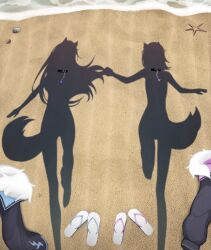 Rule 34 | 2girls, animal ears, baguette (baguettech), beach, black collar, black jacket, chain, collar, commentary, day, dog ears, dog girl, dog tail, dressed shadow (meme), english commentary, female pov, flip-flops, fur collar, fuwawa abyssgard, fuwawa abyssgard (1st costume), highres, holding hands, hololive, hololive english, jacket, long hair, mococo abyssgard, multiple girls, outdoors, pov, sand, sandals, seashell, shadow, shell, short hair, siblings, sisters, starfish, studded collar, tail, unworn collar, unworn jacket, virtual youtuber, water