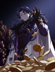 Rule 34 | 1boy, bishounen, black gloves, black hair, closed eyes, closed mouth, coin, cowboy shot, fridaynightcat, genshin impact, glasses, gloves, gold, gold coin, highres, indoors, jewelry, male focus, money, pantalone (genshin impact), ring, short hair, solo, window, winter clothes