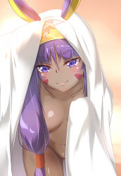 Rule 34 | 1girl, animal ears, aono (f i s), arm up, bed sheet, blush, breasts, closed mouth, commentary request, convenient censoring, dark-skinned female, dark skin, facial mark, fate/grand order, fate (series), fingernails, groin, hair between eyes, hair censor, head tilt, highres, jackal ears, leaning forward, long hair, low-tied long hair, medium breasts, naked sheet, navel, nitocris (fate), nitocris (fate/grand order), nitocris (swimsuit assassin) (fate), purple eyes, purple hair, smile, solo, very long hair