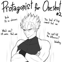 Rule 34 | 1boy, band-width, closed mouth, crossed arms, dragon ball, dragonball z, english text, greyscale, highres, looking afar, male focus, monochrome, muscular, muscular male, original, parody, smile, solo, spiked hair, super saiyan, upper body