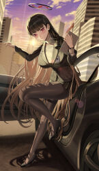 Rule 34 | 1girl, black footwear, black hair, blazer, blue archive, blunt bangs, breasts, building, car, city, cloud, full body, halo, high heels, highres, holding, holding tablet pc, jacket, large breasts, leaning forward, long hair, looking at viewer, miniskirt, motor vehicle, pantyhose, parted lips, red eyes, rio (blue archive), silvertsuki, skirt, sky, skyscraper, solo, sunset, tablet pc, turtleneck, very long hair