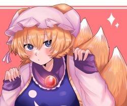 Rule 34 | 1girl, absurdres, animal ears, blonde hair, blue eyes, blue vest, blush, breasts, closed mouth, dress, fox ears, fox tail, gem, hair between eyes, hands up, hat, highres, jewelry, kashiwara mana, large breasts, looking to the side, mob cap, multiple tails, pink background, pink dress, short hair, solo, star (symbol), tabard, tail, touhou, vest, white hat, yakumo ran