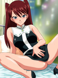 Rule 34 | 00s, 1girl, aika (series), aika r-16, artist request, bare shoulders, bed, blue eyes, blurry, bottomless, depth of field, dress, high heels, indoors, long hair, naughty face, no panties, non-web source, red hair, shingai eri, short dress, sitting, smile, solo, source request, spread legs, thighs, twintails