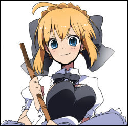 Rule 34 | 1girl, ahoge, artoria pendragon (fate), blonde hair, blue eyes, bow, bowtie, breasts, capcom, fate/stay night, fate/unlimited codes, fate (series), hair bow, large breasts, ppera, puffy sleeves, saber (fate), saber lily, smile, solo, wrist cuffs