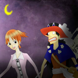 Rule 34 | 1boy, 1girl, black hair, breasts, garlic, goggles, grin, hat, holding hands, long nose, looking at another, moon, nami (one piece), nervous, night, night sky, one piece, orange hair, ponytail, sidelocks, sky, smile, usopp