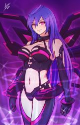 Rule 34 | 1girl, airisubaka, blue hair, blush, breasts, cleavage, cowboy shot, dominatrix, elbow gloves, female focus, gloves, iris heart, jewelry, kami jigen game neptune v, large breasts, leotard, long hair, looking at viewer, midriff, navel, neptune (series), power symbol, power symbol-shaped pupils, pururut, red eyes, revealing clothes, smile, solo, stomach, symbol-shaped pupils, very long hair, wings