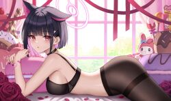 Rule 34 | 1girl, absurdres, animal ears, black bra, black choker, black hair, black pantyhose, blue archive, blush, bow, bra, breasts, cat ears, chelly (glisten chelly), choker, colored inner hair, ear bow, extra ears, hair ornament, hairclip, halo, highres, hugging object, kazusa (blue archive), looking at viewer, lying, medium breasts, multicolored hair, on stomach, pantyhose, pillow, pillow hug, pink hair, red eyes, short hair, solo, thighs, two-tone hair, underwear, underwear only