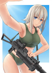Rule 34 | 1girl, armpits, blue eyes, breasts, cleavage, commentary, cowboy shot, drum magazine, eyebrows, girls&#039; frontline, gun, gun sling, helical magazine, high-capacity magazine, highres, jpc, looking at viewer, magazine (weapon), medium breasts, pp-19 (girls&#039; frontline), pp-19 bizon, silver hair, simple background, sling (weapon), smile, solo, sports bikini, standing, submachine gun, suppressor, sweat, weapon