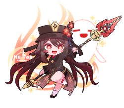 Rule 34 | 1girl, :d, black footwear, black hair, black shorts, blush stickers, character name, chibi, chinese clothes, commentary, flower, full body, genshin impact, ghost, gradient hair, hair between eyes, hat, hat flower, hat ornament, holding, holding polearm, holding weapon, hu tao (genshin impact), kneeling, long hair, long sleeves, looking at viewer, lorddog, multicolored hair, open mouth, polearm, red eyes, short shorts, shorts, sidelocks, simple background, smile, spear, staff of homa (genshin impact), standing, standing on one leg, symbol-shaped pupils, transparent background, twintails, weapon, white legwear, wide sleeves