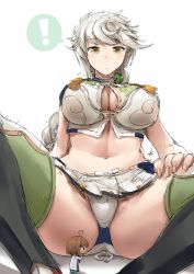 Rule 34 | !, 10s, 1boy, 2girls, admiral (kancolle), ahoge, asymmetrical hair, blue skirt, blush, boots, breasts, brown hair, chinese clothes, cleavage cutout, clothing cutout, coat, cropped shirt, crotch, ebizome, fairy (kancolle), giant, giantess, gloves, hat, highres, jacket, kantai collection, kneeling, large breasts, long hair, looking at viewer, military, military uniform, multiple girls, naval uniform, navel, open mouth, panties, parted lips, pleated skirt, shadow, short hair, simple background, sitting, sitting on person, size difference, skirt, spoken exclamation mark, thigh boots, thighhighs, underwear, uniform, unryuu (kancolle), white background, white coat, white gloves, white hair, white hat, white jacket, white panties, white skirt, wide hips, yellow eyes