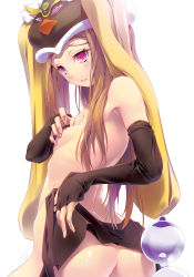 Rule 34 | 10s, 1girl, ass, bird, blonde hair, blush, breasts, clothes lift, fingerless gloves, gloves, hat, lifted by self, long hair, mawaru penguindrum, multicolored eyes, nilitsu, penguin, princess of the crystal, purple eyes, red eyes, simple background, skirt, skirt lift, small breasts, solo, takakura himari