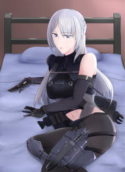 Rule 34 | 1girl, ak-15 (girls&#039; frontline), bed, black gloves, bodysuit, braid, breasts, defy (girls&#039; frontline), elbow gloves, feet out of frame, girls&#039; frontline, gloves, highres, long hair, looking at viewer, lying, medium breasts, navel, on bed, on side, open mouth, pillow, purple eyes, silver hair, simple background, solo, tactical clothes, tk2082347, twitter username