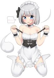 Rule 34 | 1girl, alternate costume, apron, bare shoulders, blush, breasts, cleavage, detached collar, highres, hitodama, konpaku youmu, konpaku youmu (ghost), maid, no shoes, simple background, small breasts, solo, thighhighs, touhou, waist apron, white apron, white background, white thighhighs, wrist cuffs, youmu-kun
