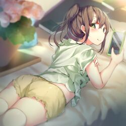 Rule 34 | 1girl, ass, blurry, blurry background, blush, book, brown hair, cellphone, closed mouth, commentary, commission, english commentary, flower pot, green eyes, green shirt, highres, holding, holding phone, long hair, lying, on stomach, original, phone, pixiv commission, ponytail, shirt, short shorts, short sleeves, shorts, sidelocks, smartphone, smile, solo, thighhighs, white thighhighs, wingheart, yellow shorts