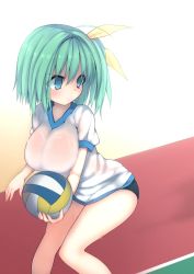 Rule 34 | &gt;:(, 1girl, alternate costume, ball, black buruma, blue eyes, blush, bow, breasts, buruma, daiyousei, denpaken pochi, feet out of frame, focused, from side, frown, green hair, gym uniform, hair ribbon, holding, holding ball, large breasts, looking back, playing sports, ribbon, see-through, serious, shirt, short hair, side ponytail, solo, sweat, touhou, v-shaped eyebrows, volleyball, volleyball (object), wet, wet clothes, wet shirt