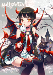 Rule 34 | 1girl, :3, :p, animal, arm at side, bandages, bare shoulders, bare tree, black cat, black hair, black thighhighs, blush, bracelet, breasts, brooch, cape, cat, choker, clothed animal, cross, cross-laced clothes, cross-laced legwear, cross print, demon girl, demon horns, demon tail, demon wings, detached sleeves, dress, earrings, eyelashes, eyepatch, fang, fang out, fence, food, food-themed earrings, full moon, fur trim, garter straps, ghost, gloves, grass, grey background, halloween, highres, holding, holding food, horns, house, ice cream, ice cream cone, jewelry, licking, long hair, long sleeves, looking at viewer, medium breasts, moon, night, o-ring, original, pleated dress, pointy ears, pumpkin, red cape, red gloves, red ribbon, red wings, ribbon, ring, rosary, short dress, sitting, soft serve, star (symbol), suzaku (zaku6584), sweatdrop, tail, thighhighs, tie clip, tongue, tongue out, tree, very long hair, wings, yellow eyes