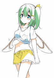 Rule 34 | 1girl, alternate costume, blue eyes, blush, bow, colorized, daiyousei, fairy wings, fujishiro emyu, green hair, hair bow, hair ornament, hairclip, hand under clothes, hand under shirt, midriff, navel, scratching, shirt, short hair, short sleeves, shorts, side ponytail, simple background, sketch, solo, t-shirt, touhou, white background, wings