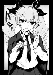 Rule 34 | 10s, 1girl, akitsuchi shien, anchovy (girls und panzer), bad id, bad pixiv id, cape, dress shirt, drill hair, girls und panzer, greyscale, hair ribbon, holding, long sleeves, looking at viewer, monochrome, necktie, open mouth, pleated skirt, ribbon, riding crop, shirt, skirt, solo, standing, twin drills, twintails, upper body