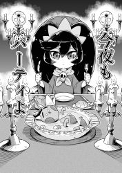 Rule 34 | 1boy, 1girl, :3, ashley (warioware), blush stickers, bread, butter, candle, candlestand, chair, child, clenched hands, dress, drinking straw, expressionless, fire, flat chest, food, fork, greyscale, hair between eyes, hairband, hands up, happy, holding, horns, japanese text, juice box, knife, long hair, long sleeves, monochrome, napkin, neckerchief, nintendo, open mouth, pants, partially submerged, plate, red (warioware), short hair, sitting, skull, smile, soup, table, text focus, tokkyuu mikan, translated, twintails, upper body, warioware, wide sleeves