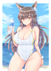 Rule 34 | 1girl, absurdres, animal ear fluff, animal ears, arm at side, atago (azur lane), azur lane, bad id, bad pixiv id, beach, blue sky, blush, bottle, breasts, brown eyes, brown hair, cleavage, competition swimsuit, day, gluteal fold, highres, large breasts, long hair, looking at viewer, one-piece swimsuit, outdoors, plump, sky, smile, solo, standing, swimsuit, thighs, tong shui, water, water bottle, white one-piece swimsuit