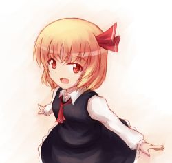 Rule 34 | 1girl, ascot, blonde hair, embodiment of scarlet devil, female focus, hair ribbon, highres, looking at viewer, open mouth, outstretched arms, red eyes, ribbon, rumia, short hair, sketch, smile, solo, spread arms, touhou, yuki shizuku