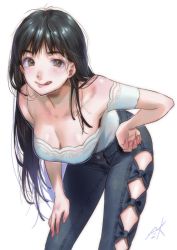 Rule 34 | 1girl, :q, bad id, bad pixiv id, bare shoulders, black hair, blush, breasts, brown eyes, cleavage, collarbone, commentary request, denim, feet out of frame, fingernails, hand on own hip, hand on own thigh, jeans, kamiyama aya, large breasts, leaning forward, long hair, looking at viewer, off-shoulder shirt, off shoulder, original, pants, shirt, signature, simple background, smile, solo, standing, tongue, tongue out, white background