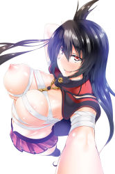 Rule 34 | 1girl, :d, alternate costume, areola slip, bad id, bad pixiv id, between breasts, black hair, black thighhighs, blush, breasts, budget sarashi, capelet, cleavage, cosplay, dutch angle, foreshortening, from above, from side, highres, kantai collection, large breasts, long hair, looking at viewer, midriff, miniskirt, musashi (kancolle), musashi (kancolle) (cosplay), nagato (kancolle), navel, nipples, open mouth, over-kneehighs, perky breasts, pleated skirt, pointy hair, puffy nipples, red eyes, red skirt, sarashi, shoes, simple background, skirt, smile, solo, thighhighs, white background, white footwear, yamaiso