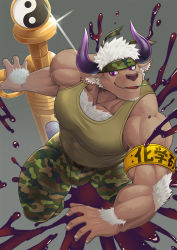 Rule 34 | 1boy, animal ears, bara, bare arms, bare shoulders, bulge, camouflage, camouflage pants, chest hair, covered abs, covered erect nipples, cow boy, cow ears, cow horns, dynamic pose, foreshortening, furry, furry male, green tank top, headband, horns, huge weapon, large pectorals, looking to the side, male focus, mumuthelion, muscular, oversized object, pants, pectorals, purple eyes, purple horns, shennong (housamo), short hair, sideburns, solo, syringe, tank top, thick thighs, thighs, tokyo houkago summoners, weapon, white hair, yin yang