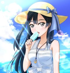 Rule 34 | 1girl, a jet black magician (love live!), artist name, artist request, bare shoulders, black hair, blue hair, blue sky, blush, bow, breasts, brown hat, cloud, collarbone, crescent, crescent necklace, dark blue hair, day, dress, dress bow, female focus, floating hair, food, grey eyes, hair over shoulder, hat, highres, holding, holding food, jewelry, long hair, looking at viewer, love live!, love live! nijigasaki high school idol club, love live! school idol festival, love live! school idol festival all stars, necklace, ocean, outdoors, parted lips, plaid, plaid dress, pleated, pleated dress, ponytail, popsicle, side ponytail, sky, small breasts, smile, solo, striped, striped bow, sundress, upper body, white bow, white dress, yuki setsuna (love live!)