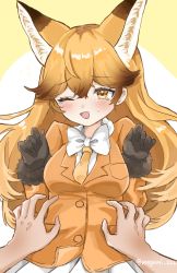 Rule 34 | 1girl, animal ears, black gloves, blush, bow, bowtie, commentary request, disembodied hand, extra ears, ezo red fox (kemono friends), fox ears, fox girl, fur trim, gloves, hair between eyes, highres, jacket, kemono friends, long hair, megumi 222, necktie, one eye closed, orange hair, orange jacket, orange necktie, pleated skirt, pov, shirt, skirt, solo, white bow, white bowtie, white shirt, white skirt