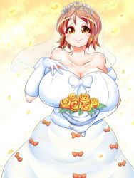 Rule 34 | 1girl, bare shoulders, blush, breasts, brown eyes, brown hair, collarbone, crown, curvy, dress, female focus, flower, gloves, highres, huge breasts, looking at viewer, plump, ribbon, short hair, sina and d, smile, solo, standing, thick thighs, thighs, wedding dress, wide hips