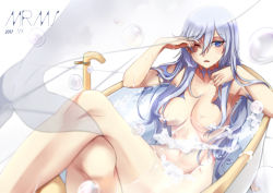 Rule 34 | 1girl, 2017, absurdres, bathing, bathtub, blue eyes, blue hair, choker, convenient censoring, crossed legs, dated, eyelashes, highres, looking to the side, mx, one eye closed, original, parted lips, solo, tail