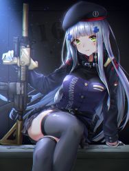 Rule 34 | 1girl, absurdres, arm support, assault rifle, belt, beret, black thighhighs, blunt bangs, blush, breasts, character name, combat knife, cross, crossed legs, earpiece, facial mark, german flag, girls&#039; frontline, gloves, green eyes, grey thighhighs, gun, h&amp;k hk416, hair ornament, hat, heckler &amp; koch, highres, hk416 (girls&#039; frontline), holding, holding gun, holding weapon, iron cross, jacket, knife, knife sheath, knife sheath, leaning, light particles, long hair, looking at viewer, medium breasts, night, parted lips, plaid, plaid skirt, rifle, sheath, silver hair, sitting, skirt, smile, solo, teardrop, thighhighs, toki (toki ship8), very long hair, weapon