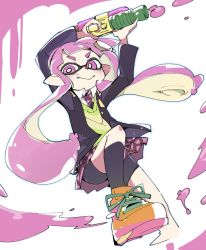 Rule 34 | 1girl, bike shorts, black jacket, black shorts, blunt bangs, blush, cardigan, closed mouth, commentary, fang, holding, holding weapon, ink, inkling, inkling girl, inkling player character, ixy, jacket, jumping, long hair, looking at viewer, miniskirt, necktie, nintendo, open clothes, open jacket, orange footwear, plaid, plaid skirt, pointy ears, purple hair, school uniform, shoes, short eyebrows, shorts, skirt, smile, sneakers, solo, splatoon (series), splatoon 1, super smash bros., tentacle hair, upskirt, weapon