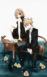 Rule 34 | 1boy, 1girl, black dress, blonde hair, blue eyes, brother and sister, chair, dress, flower, formal, highres, kagamine len, kagamine rin, rinko (41r), short hair, siblings, smile, suit, tomoko, twins, vocaloid, water