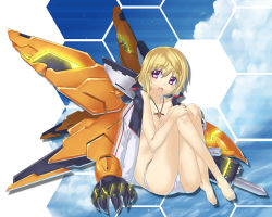Rule 34 | 10s, 1girl, :d, barefoot, blonde hair, charlotte dunois, hands on own knees, infinite stratos, jacket, jacket on shoulders, jewelry, hugging own legs, legs, long legs, necklace, no bra, open clothes, open jacket, open mouth, panties, purple eyes, rafale revive custom ii, sitting, smile, solo, uemukai dai, uemuki dai, underwear, underwear only, white panties