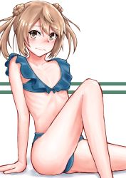 Rule 34 | 1girl, bikini, commentary request, double bun, feet out of frame, flat chest, frilled bikini, frills, green bikini, highres, kantai collection, light brown hair, looking at viewer, michishio (kancolle), owada (kousonhuchi), short twintails, sitting, solo, swimsuit, twintails, two-tone background, white background, yellow eyes