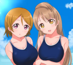 Rule 34 | 2girls, breasts, brown eyes, brown hair, collarbone, commentary request, competition school swimsuit, grey hair, highres, koizumi hanayo, large breasts, long hair, looking at viewer, love live!, love live! school idol project, minami kotori, multiple girls, one-piece swimsuit, purple eyes, school swimsuit, short hair, swimsuit, tagme, wewe