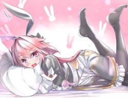 Rule 34 | 1boy, animal ears, astolfo (fate), astolfo (saber) (fate), astolfo (saber) (third ascension) (fate), bed, black dress, black pantyhose, black ribbon, bow, commentary request, dress, fang, fate/grand order, fate (series), hair bow, highres, looking at viewer, mentaiko mamire, hugging object, pantyhose, pillow, pillow hug, pink hair, rabbit background, rabbit ears, ribbon, skin fang, solo