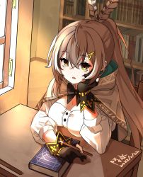 Rule 34 | 1girl, absurdres, ahoge, book, bookshelf, brown capelet, brown cloak, brown eyes, brown hair, capelet, cleavage cutout, cloak, clothing cutout, desk, feather hair ornament, feathers, gloves, hair ornament, hairclip, hand on own face, hieroglyphics, highres, hololive, hololive english, long hair, looking at viewer, multicolored hair, nanashi mumei, partially fingerless gloves, pencil, ponytail, ribbon, shirt, sitting, skychengsart, solo, streaked hair, studying, very long hair, virtual youtuber, white shirt, window