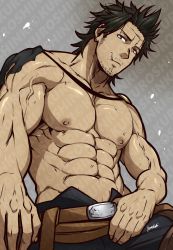 Rule 34 | 1boy, abs, bara, bare pectorals, belt, black clover, black eyes, black hair, bruise, capelet, cigarette, facial hair, highres, injury, kuroshinki, large pectorals, male focus, manly, muscular, navel, nipples, open pants, pants, pectorals, short hair, sideburns, solo, stubble, topless male, torn capelet, torn clothes, upper body, veins, watermark, yami sukehiro