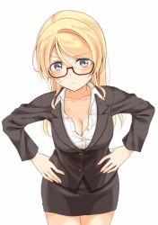 Rule 34 | 1girl, angry, animated, animated gif, ayase eli, blonde hair, blue eyes, breasts, cleavage, glasses, long sleeves, love live!, love live! school idol project, md5 mismatch, mogu (au1127), office lady, resolution mismatch, solo, source larger, ugoira, white background