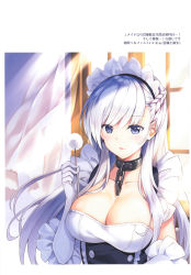 Rule 34 | 1girl, absurdres, azur lane, belfast (azur lane), blue eyes, braid, breasts, chain, cleavage, collar, collarbone, curtains, elbow gloves, french braid, gloves, hand up, highres, holding, indoors, large breasts, long hair, looking at viewer, maid, maid headdress, mimikaki, parted lips, rei (rei&#039;s room), scan, smile, solo, sunlight, upper body, white gloves, white hair, wind, window